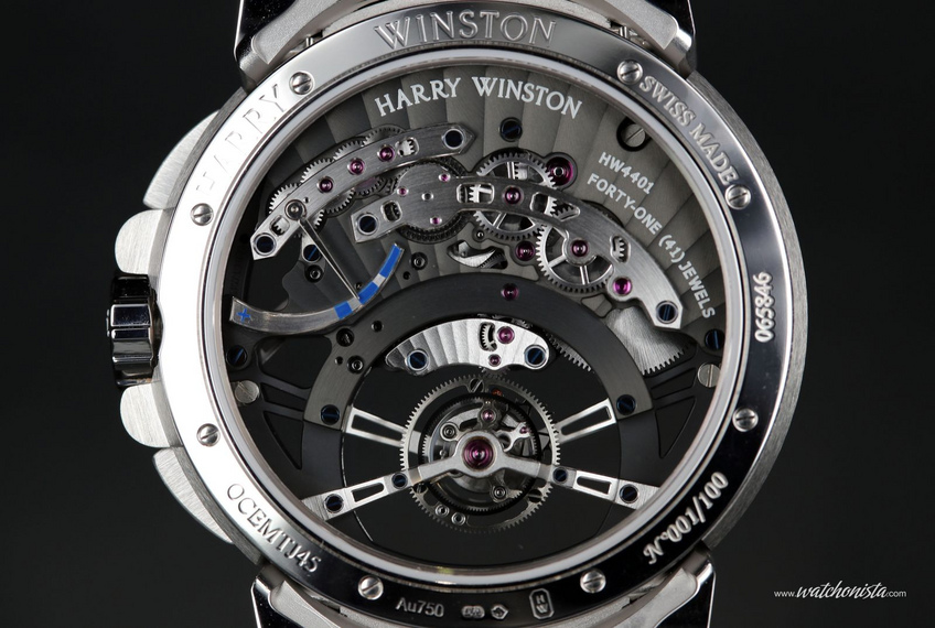 Open-worked case-back of the Harry Winston Ocean Tourbillon Jumping Hour