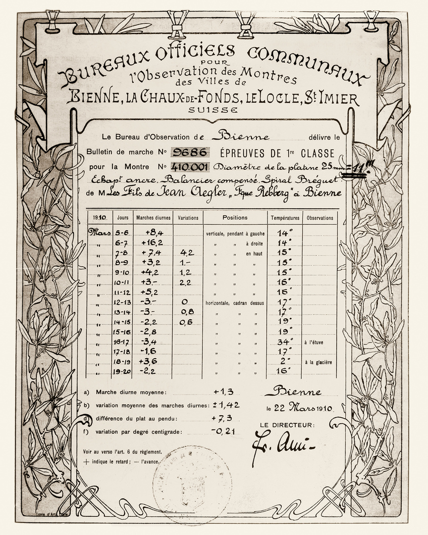 Photo of a 1910 certificate that was released by Bienne's local BO before the COSC was created Photo of a 1910 certificate that was released by Bienne's local BO before the COSC was created