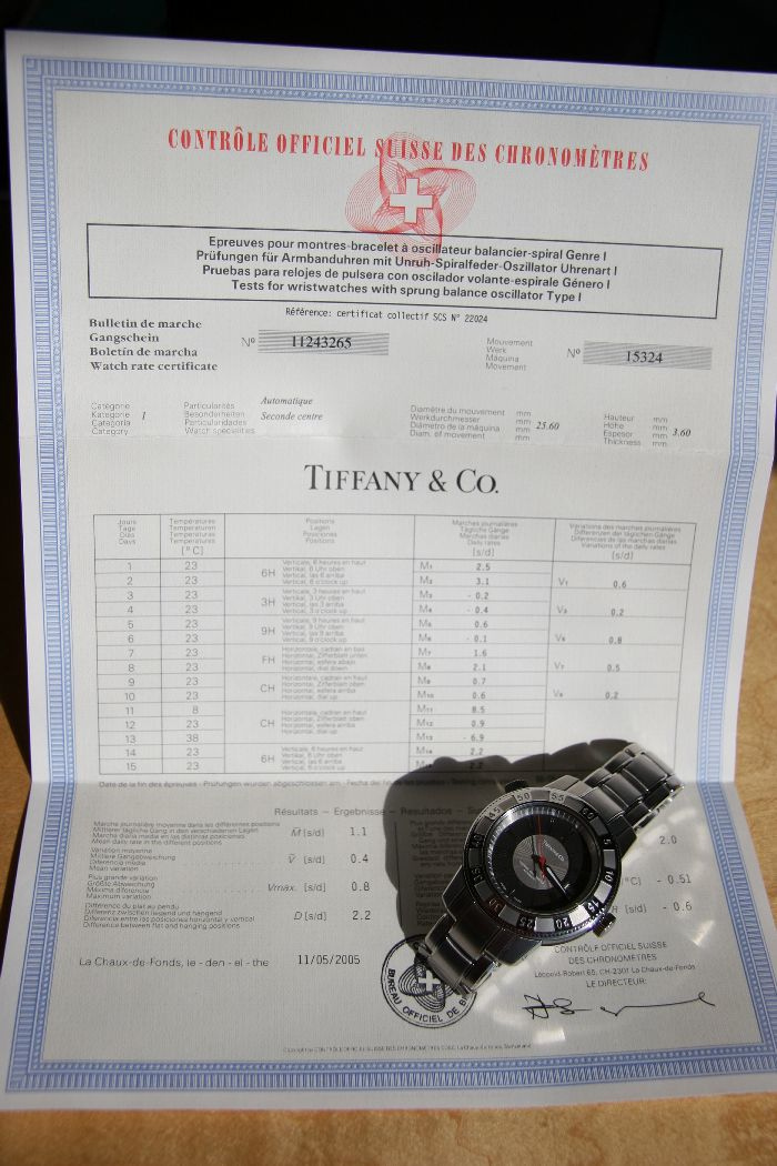 Official certificate of a 2005 Tiffany & Co. watch