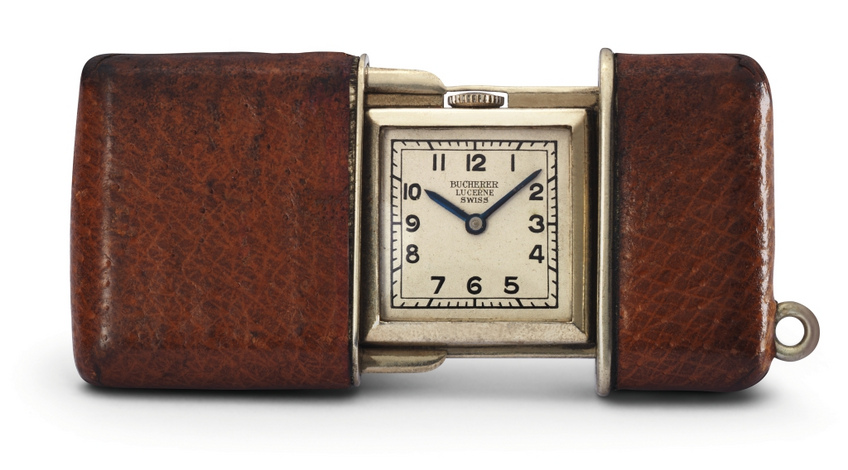 A square watch from 1934 built into a leather case A square watch from 1934 built into a leather case
