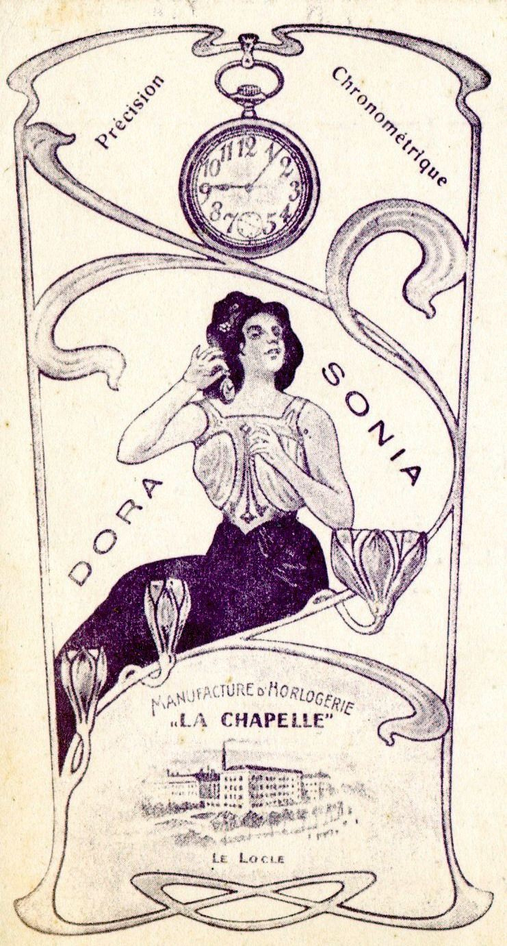 Publicité Art Nouveau, montres Dora, début du XXe siècle Publicité Art Nouveau, montres Dora, début du XXe siècle