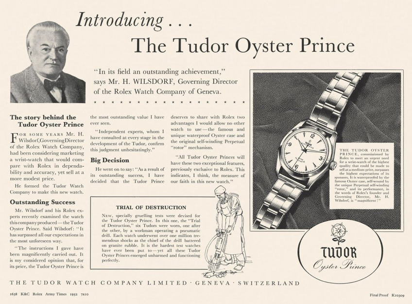 Publicité pour la Tudor Oyster Prince en 1952 Publicité pour la Tudor Oyster Prince en 1952