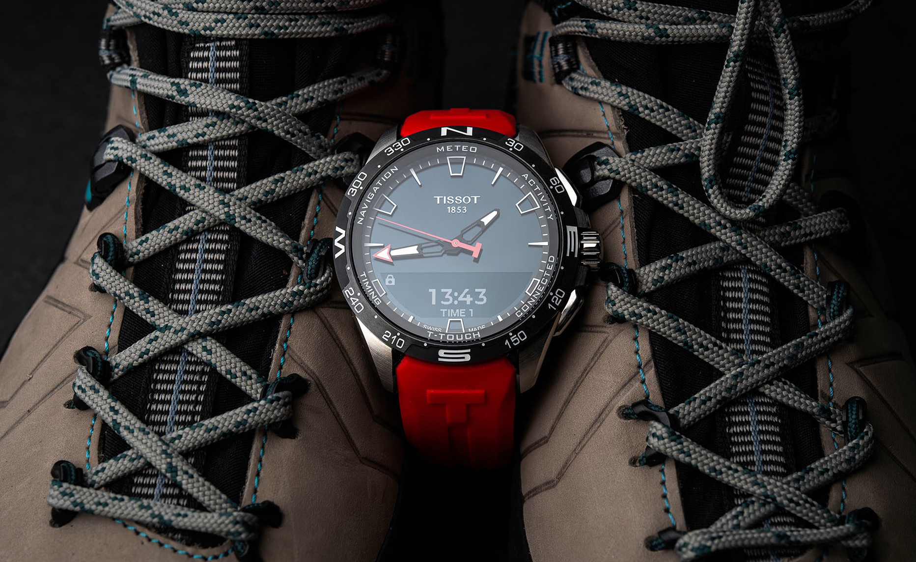 TISSOT T-Touch Connect Solar レッドラバーベルト Tissot T-Touch Connect Solar Red Rubber Titanium Watch, 47.5mm